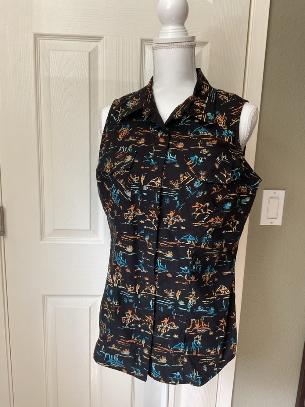 Rock & Roll Sleeveless Black Western Print Button-Front Top